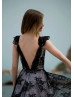 Cap Sleeves Black Lace White Chiffon V Back Wedding Dress